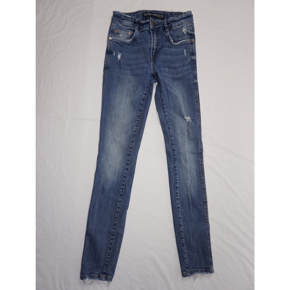 Zara US 2 Blue Distressed Skinny Jeans Raw Hem Trafaluc Collection